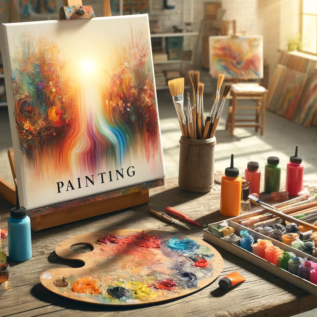 DALL·E 2024-04-29 17.04.57 - A cover image for a painting course brochure, featuring a vibrant and artistic scene. The image includes an artist's palette filled with various color