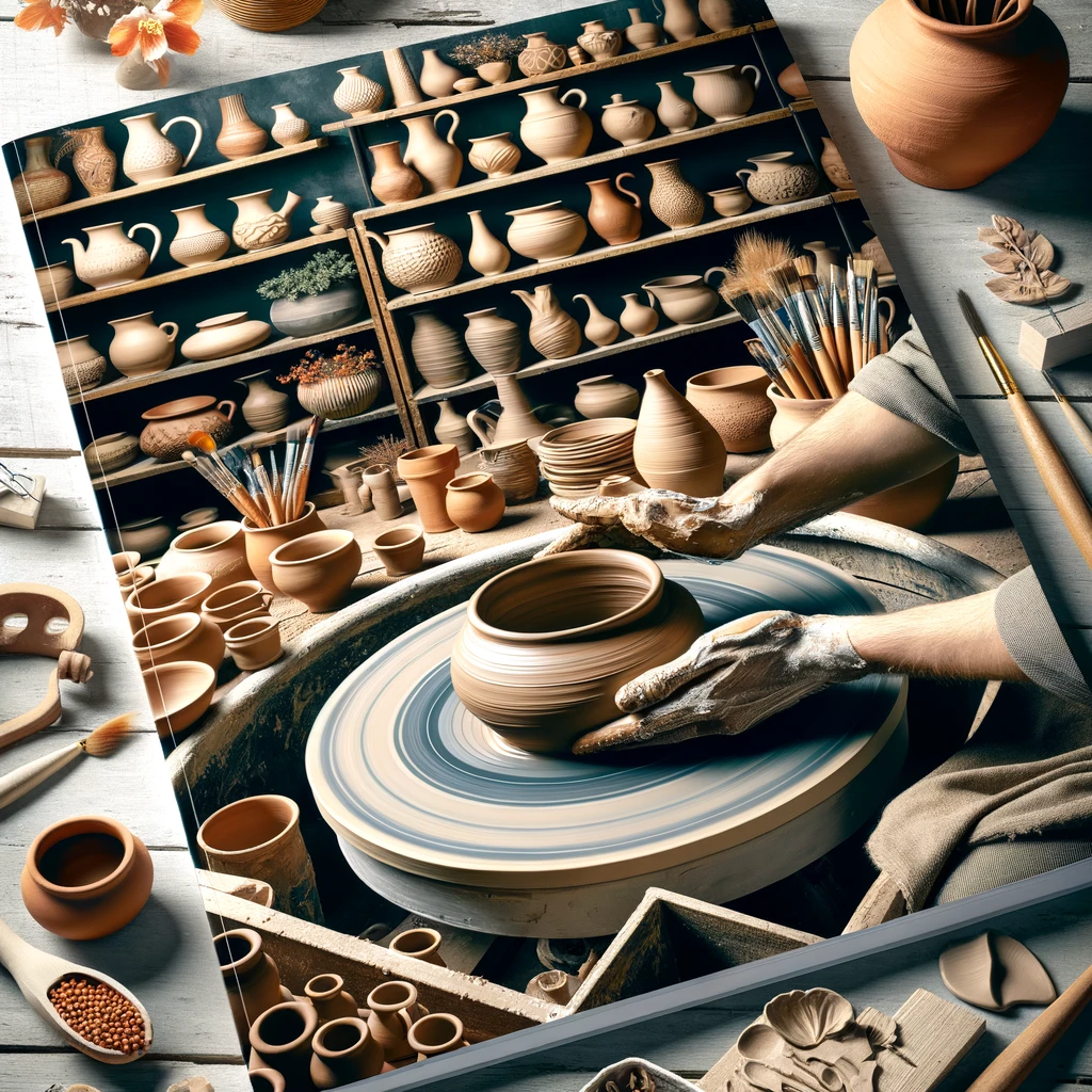 DALL·E 2024-04-29 17.08.44 - A cover image for a ceramics course brochure, depicting a cozy and inviting pottery studio. The image shows a potter's wheel with a clay pot in the ma